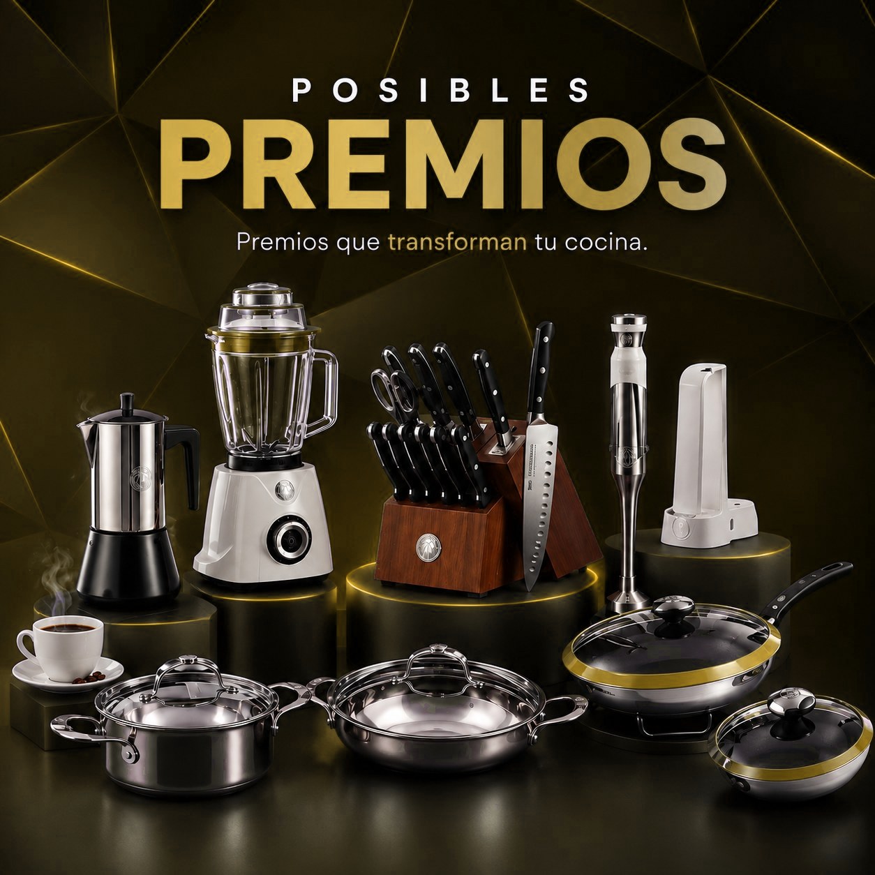 Posibles premios del programa Regala y Gana: cafetera, licuadora, juego de cuchillos, batidora de mano, ollas y sartenes